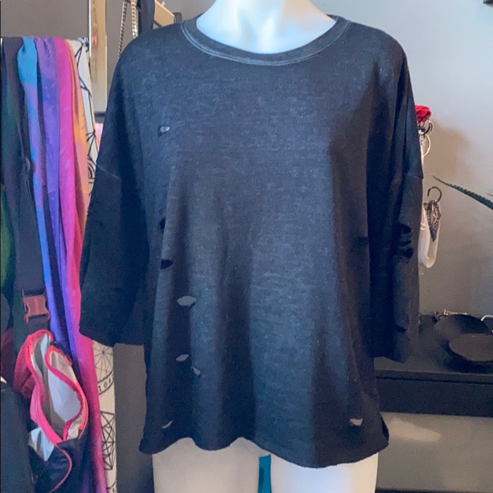 Distressed short sleeve sweater